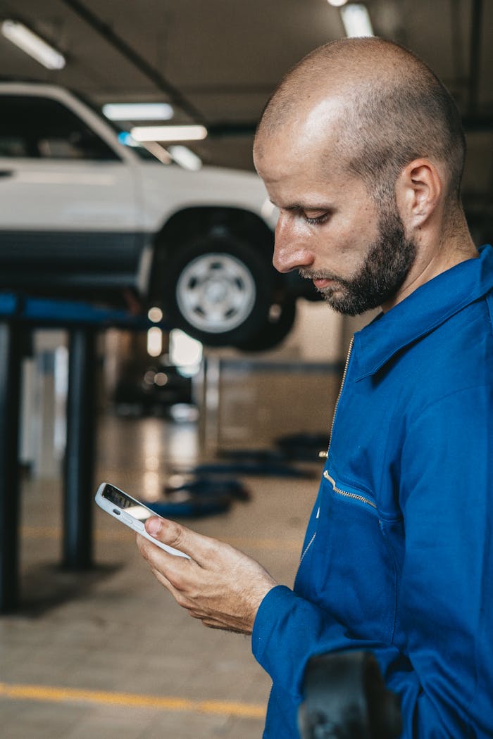 Bald mechanic using smartphone at auto repair shop with car on lift in background.